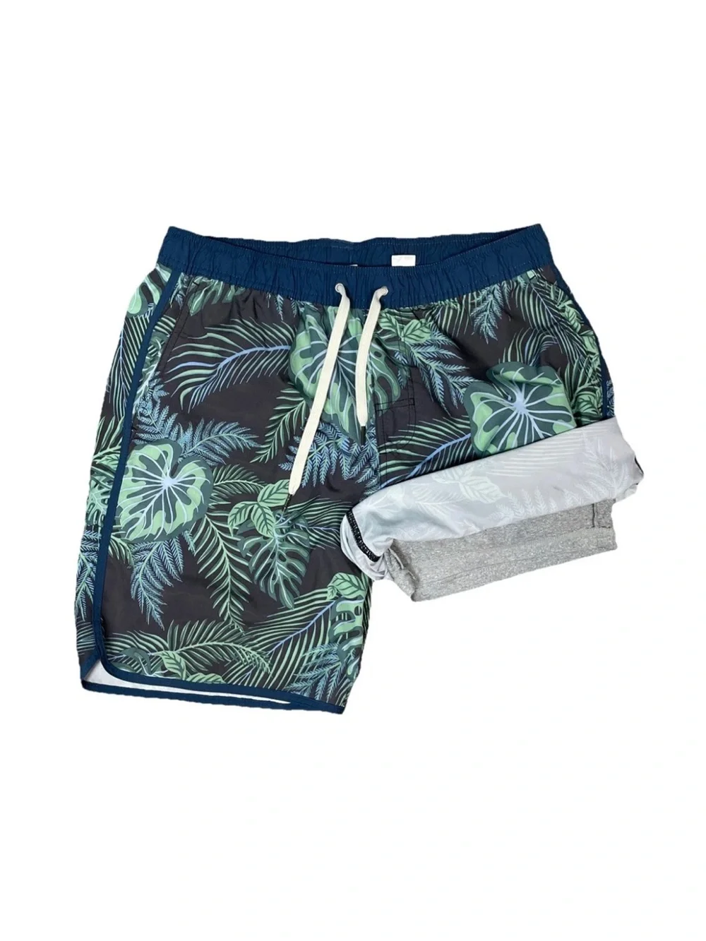 Fair Harbor Swim Shorts Mens Large Navy Green Tropical Trunks Lined Drawstring